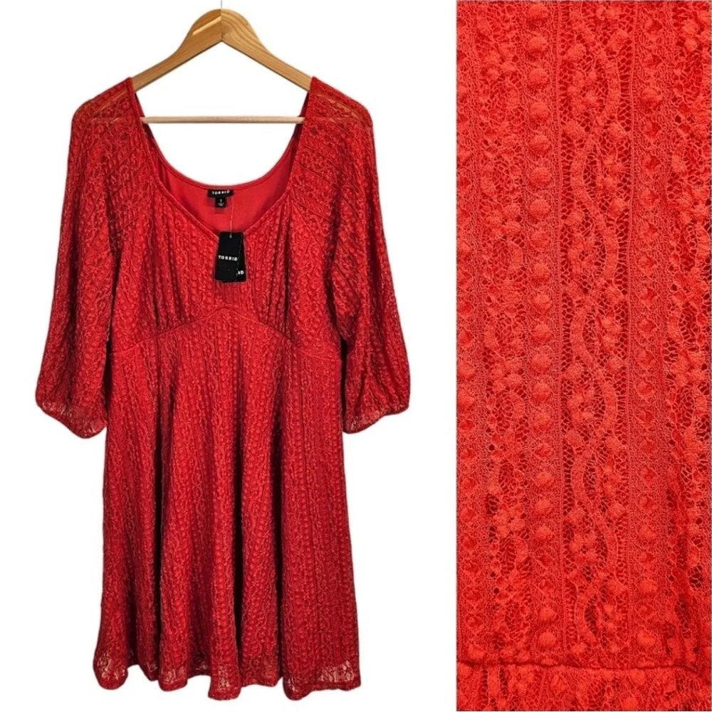 NWT Torrid Red Lace 3/4 Sleeve Fit and Flare Sweetheart Neck Dress Sz 1X - Picture 2 of 10